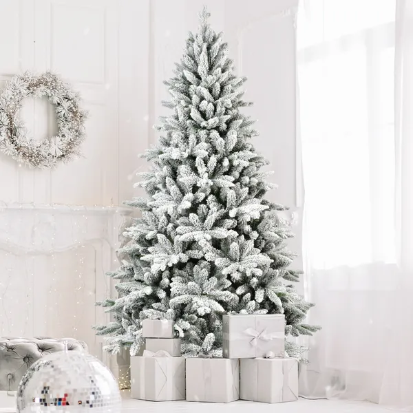 Unlit Snow Flocked Christmas Tree 7ft – Hinged Artificial Tree with 1514 PVC Branches, Sturdy Stand