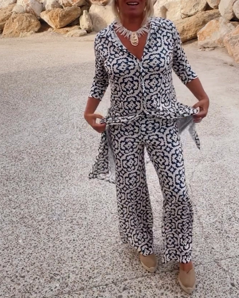Mosa | Women's Printed Two Piece Set Longline Shirt Straight Pants