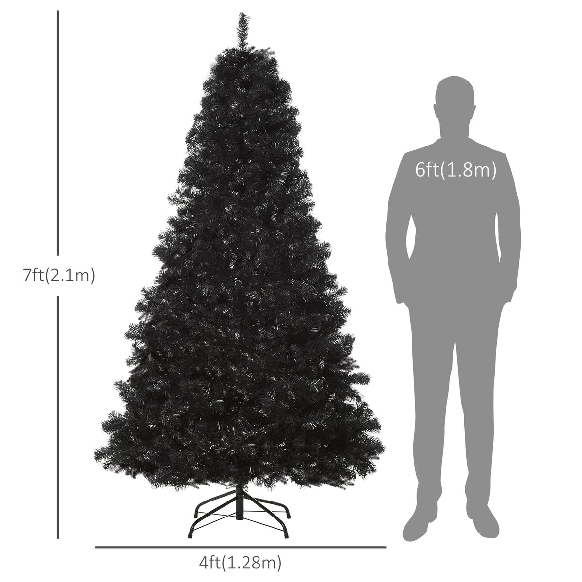 Black Christmas Tree 7ft – Unlit Artificial Tree with Auto-Open PVC Branches, Metal Base