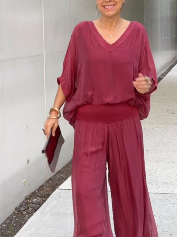 Olive | Women's V-Neck Batwing Sleeve Wide Leg Jumpsuit 2 Piece