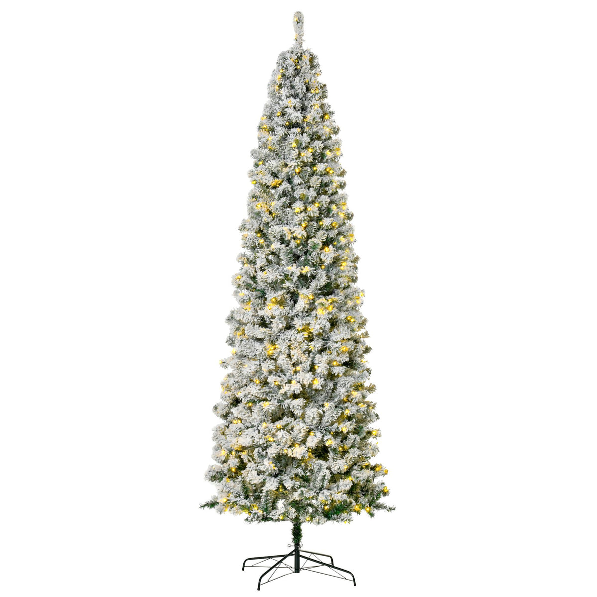 Pre-Lit Snow Flocked Pencil Christmas Tree 9ft – Warm White LED, Slim Auto-Open Branches