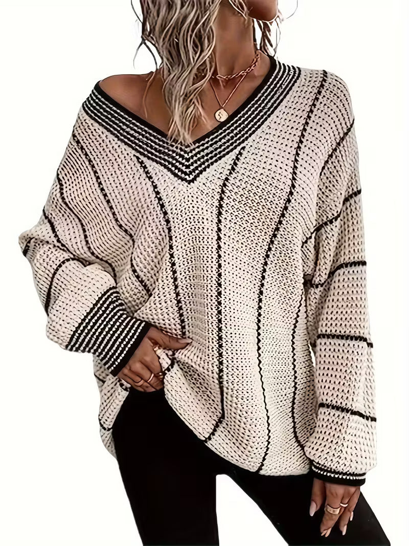 Fennick | Women's Oversized V-Neck Striped Knit Sweater