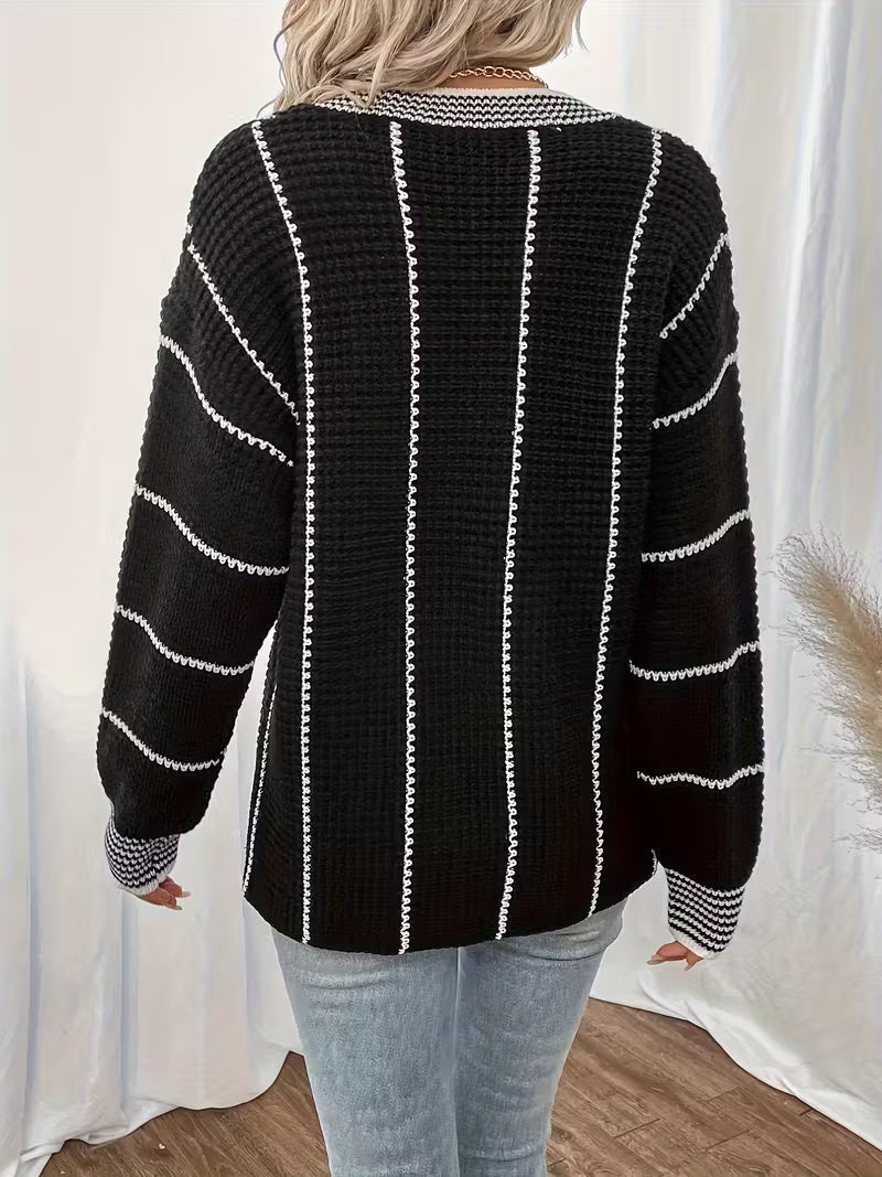 Fennick | Women's Oversized V-Neck Striped Knit Sweater