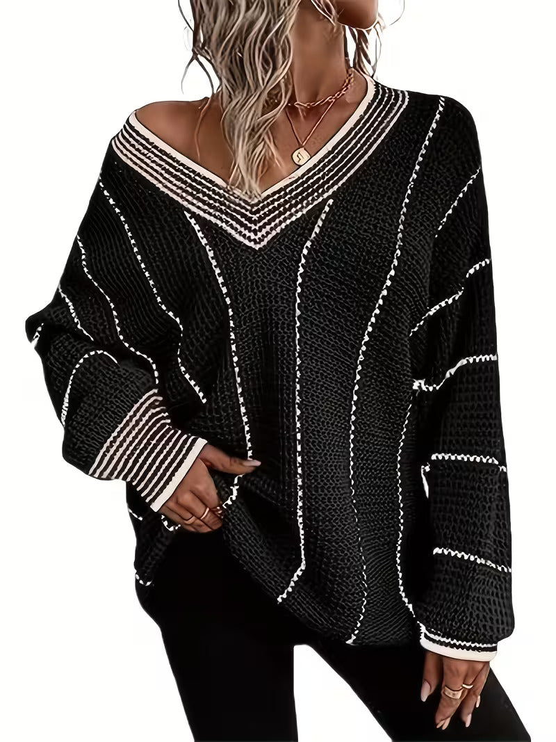 Fennick | Women's Oversized V-Neck Striped Knit Sweater