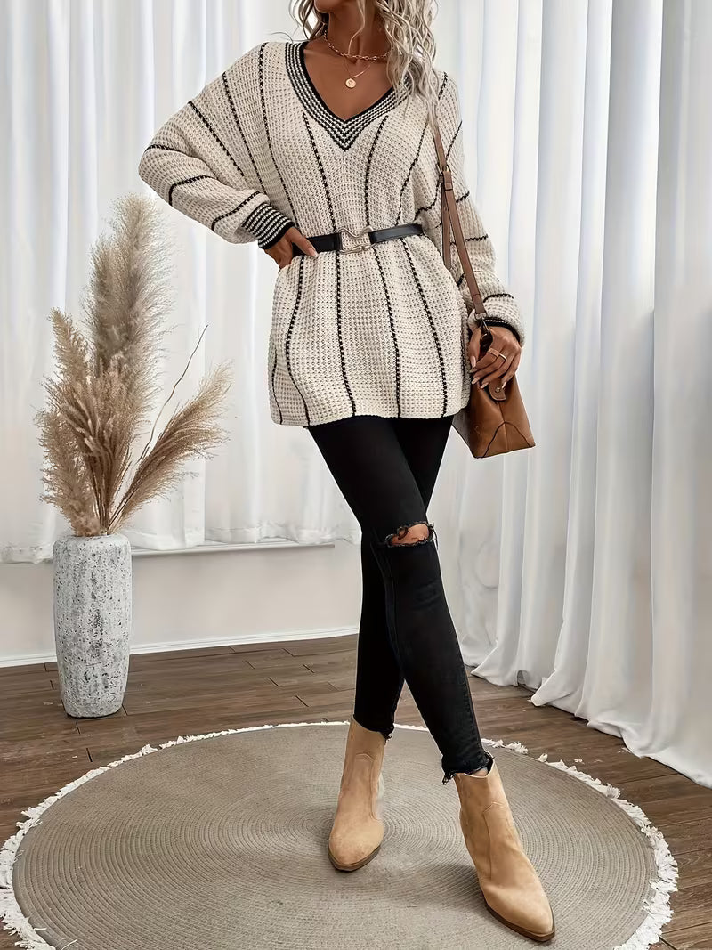 Fennick | Women's Oversized V-Neck Striped Knit Sweater