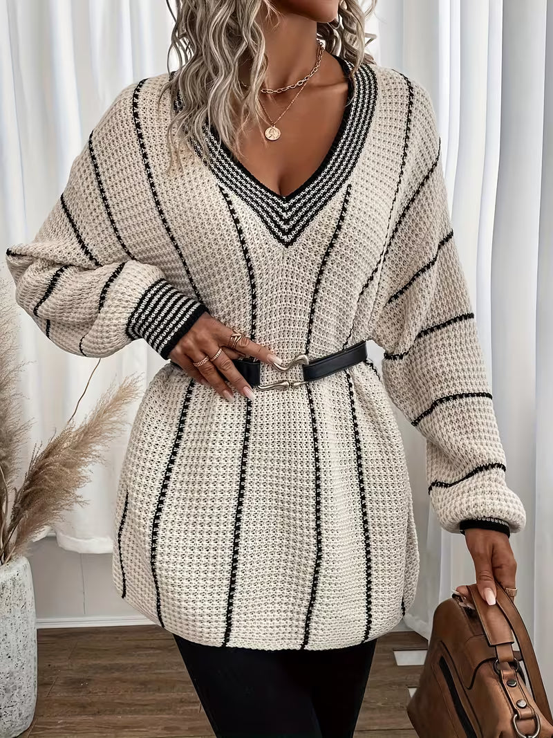 Fennick | Women's Oversized V-Neck Striped Knit Sweater