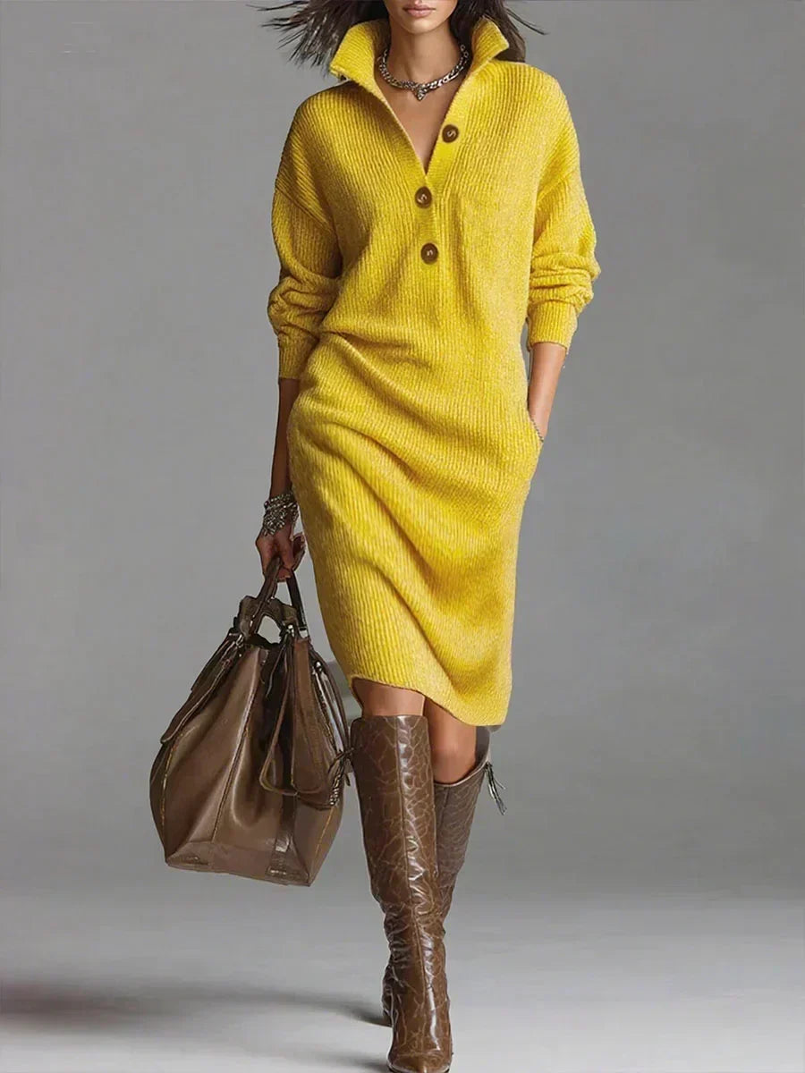 Fatima | Women's Collared Knit Midi Fall Sweater Dress