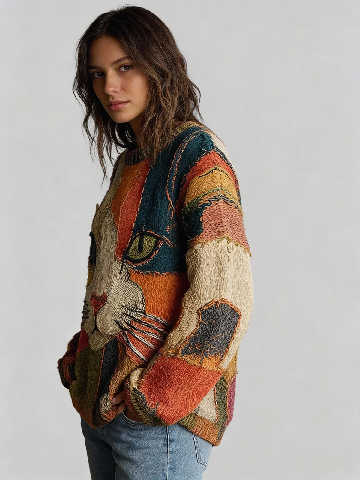 Mica | Women's Cat Patchwork Sweater Boho Loose Relaxed Fit