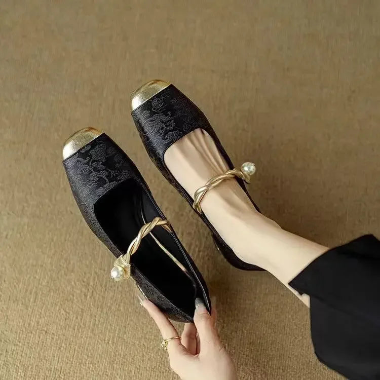 Celeste | Women's Pearl Strap Mary Jane Shoes Glitter Block Heel