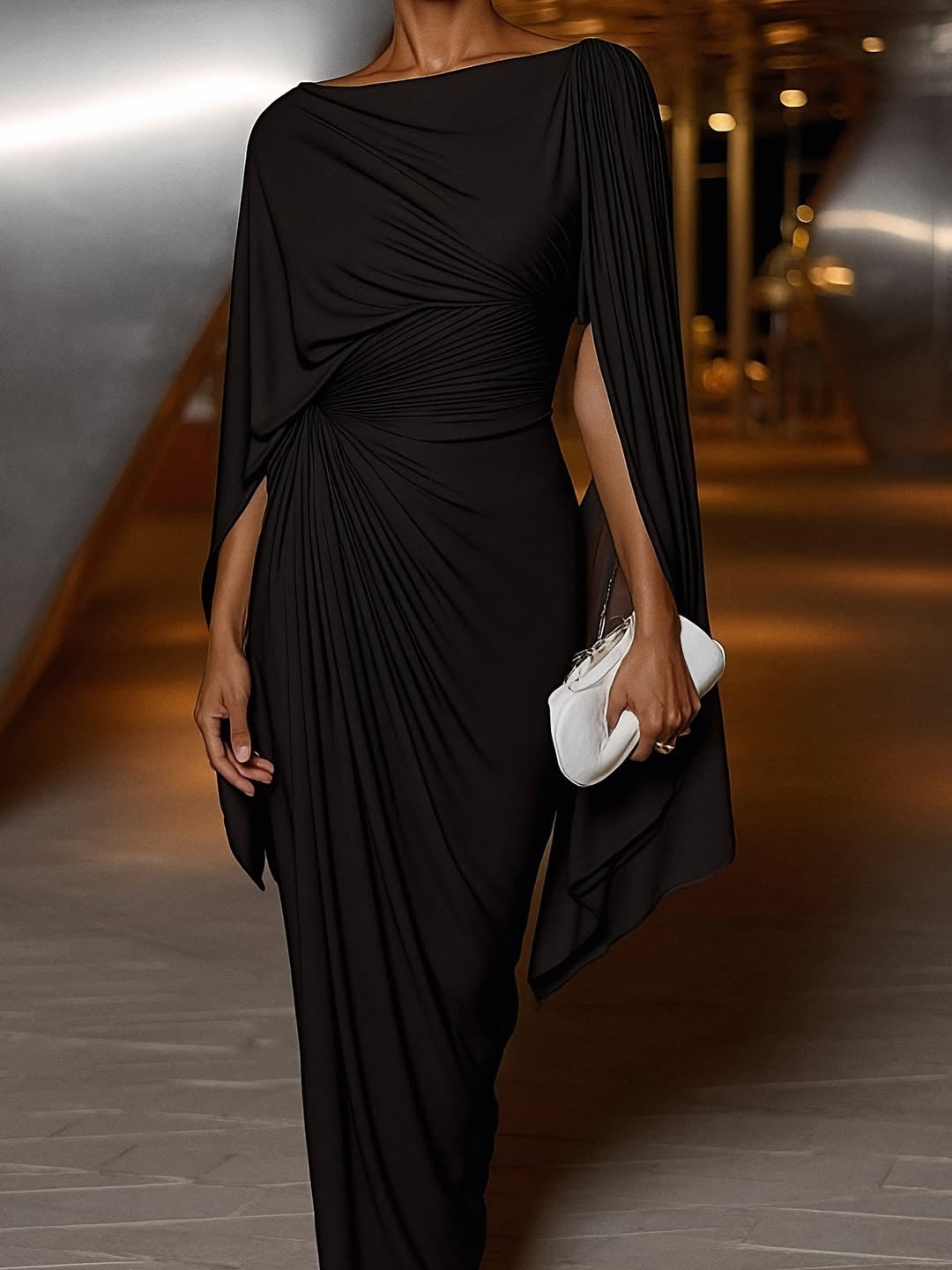 Women's Maxi Dress Draped Bodice Pleated Sleeves Wedding Guest Outfit
