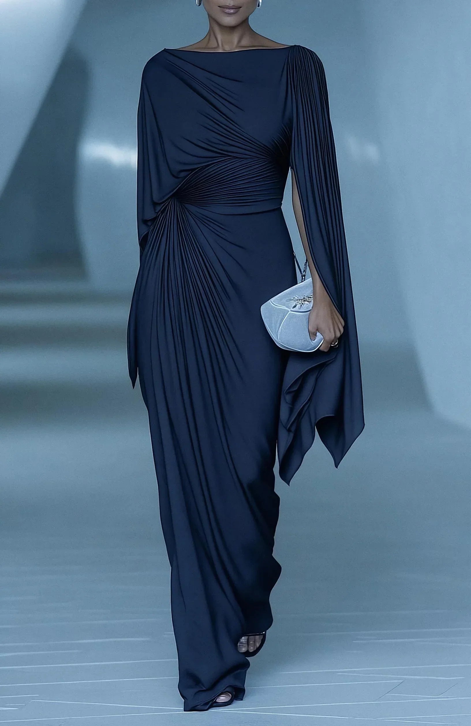 Women's Maxi Dress Draped Bodice Pleated Sleeves Wedding Guest Outfit