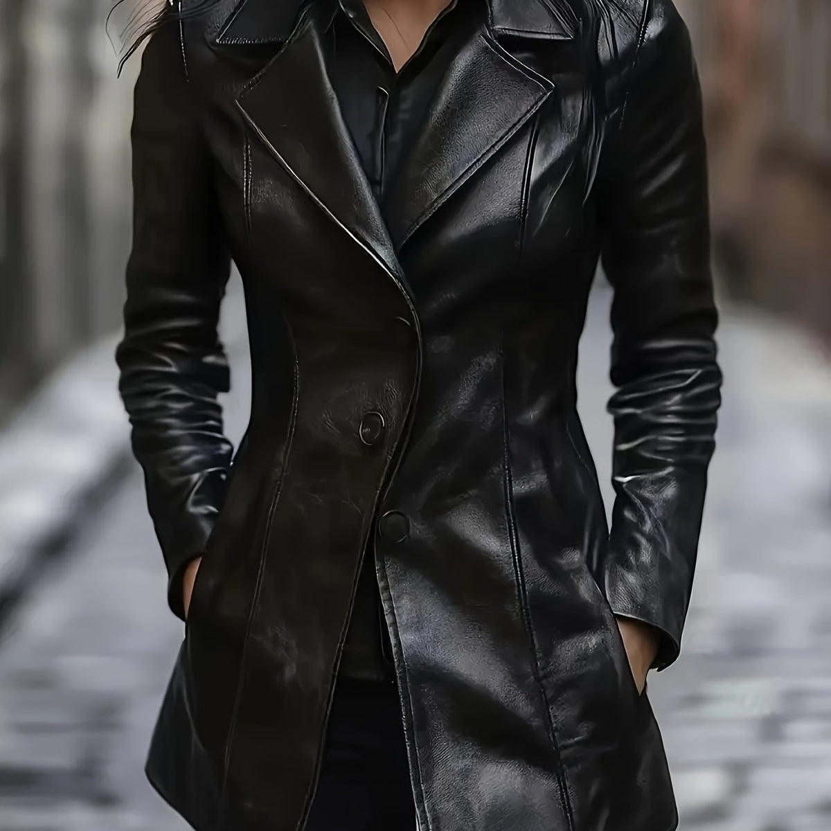 Halvara | Women's PU Leather Mid-Length Coat