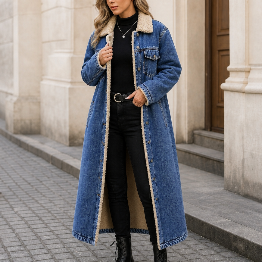 Halvorne | Women's Sherpa-Lined Long Denim Winter Coat