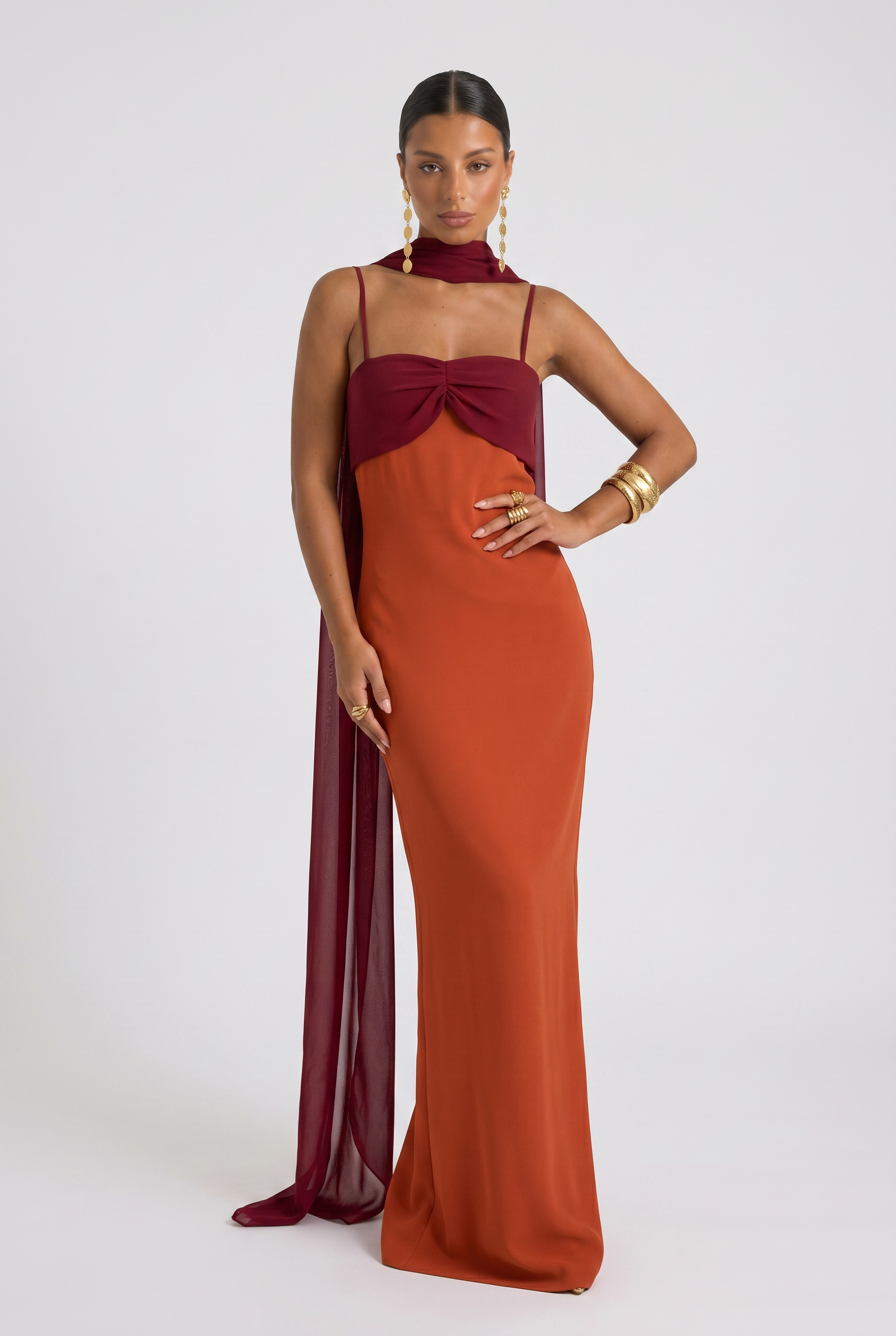 Women's Maxi Dress Colorblock Spaghetti Strap Sweetheart Neck High Slit Evening Gown
