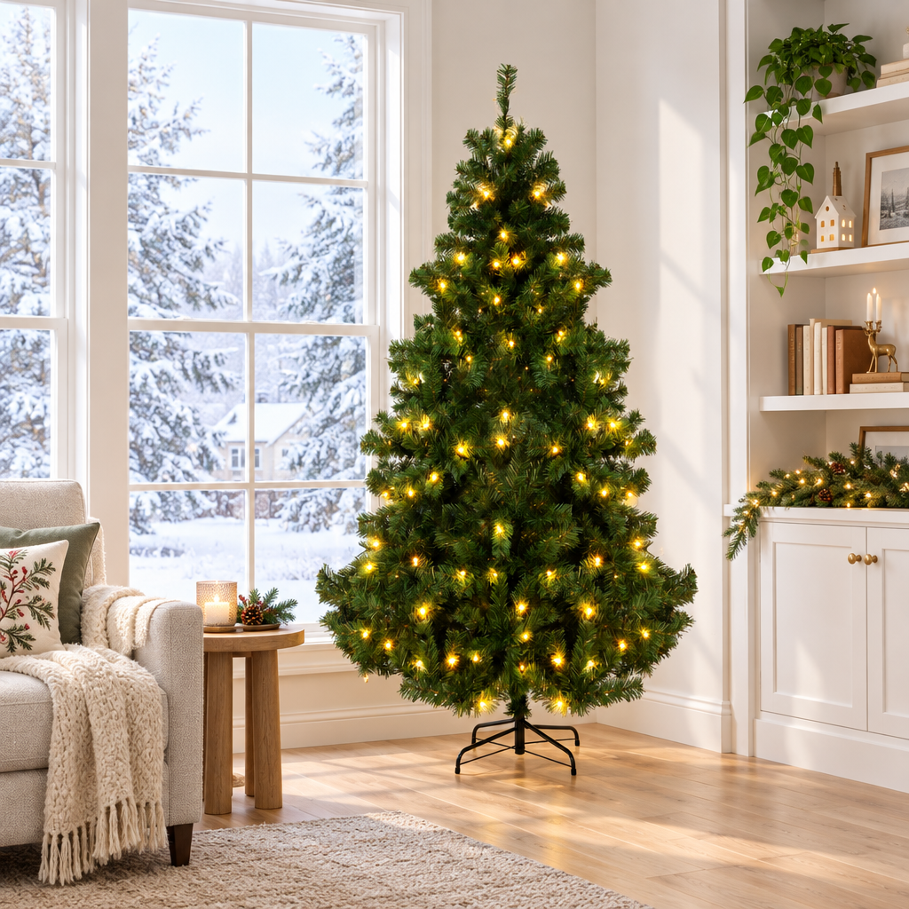 Pre-Lit Artificial Pine Christmas Tree 6ft, 7.5ft – by a window in daylight