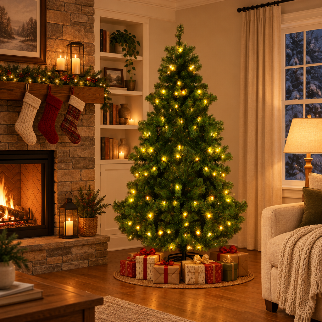 Pre-Lit Artificial Pine Christmas Tree 6ft, 7.5ft – in a cozy living room by the fireplace