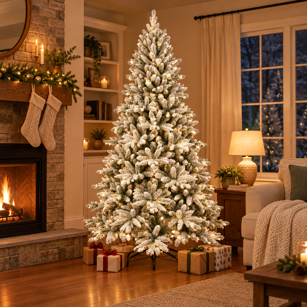 Unlit Snow Flocked Christmas Tree 7ft – in a cozy living room by the fireplace