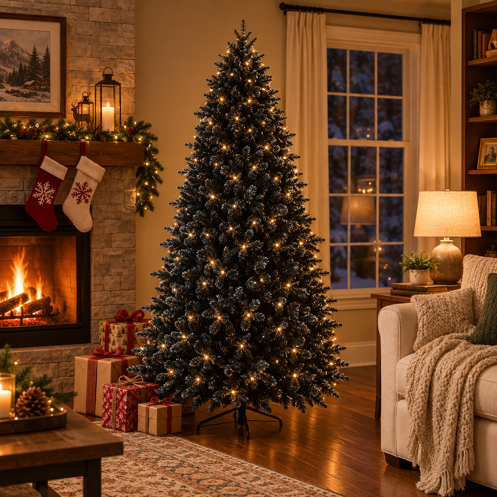 Pre-Lit Black Christmas Tree 5ft, 6ft, 7ft, 8ft – in a cozy living room by the fireplace