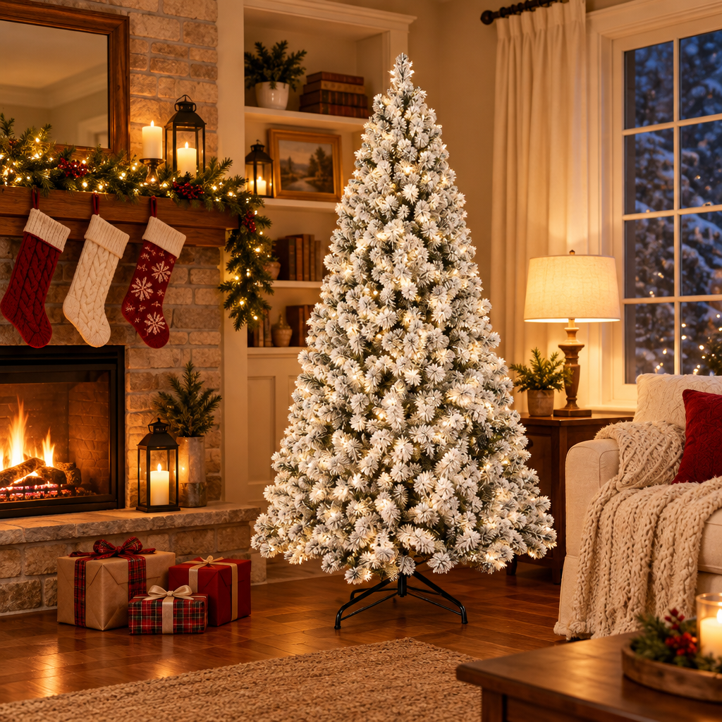 Pre-Lit Snow Flocked Christmas Tree 5ft, 6ft, 8ft, 9ft – in a cozy living room by the fireplace