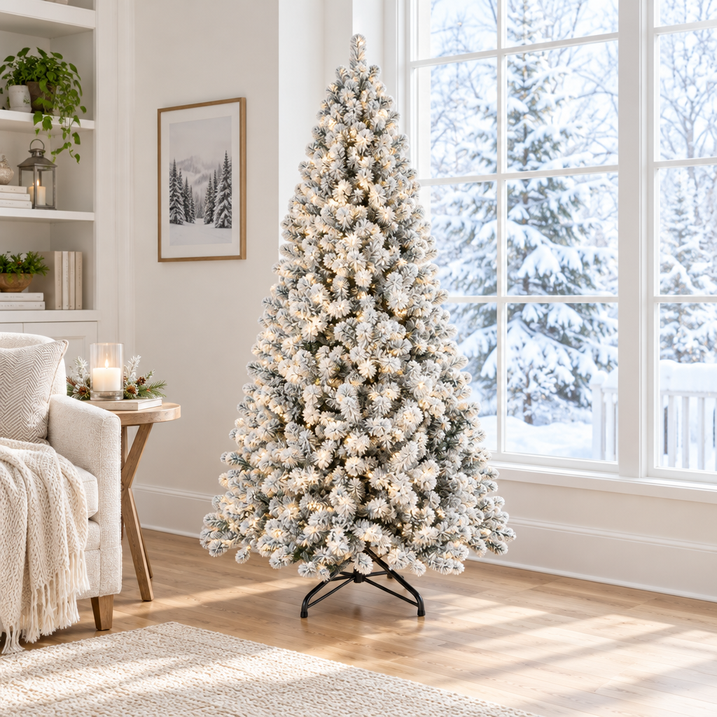Pre-Lit Snow Flocked Christmas Tree 5ft, 6ft, 8ft, 9ft – by a window in daylight