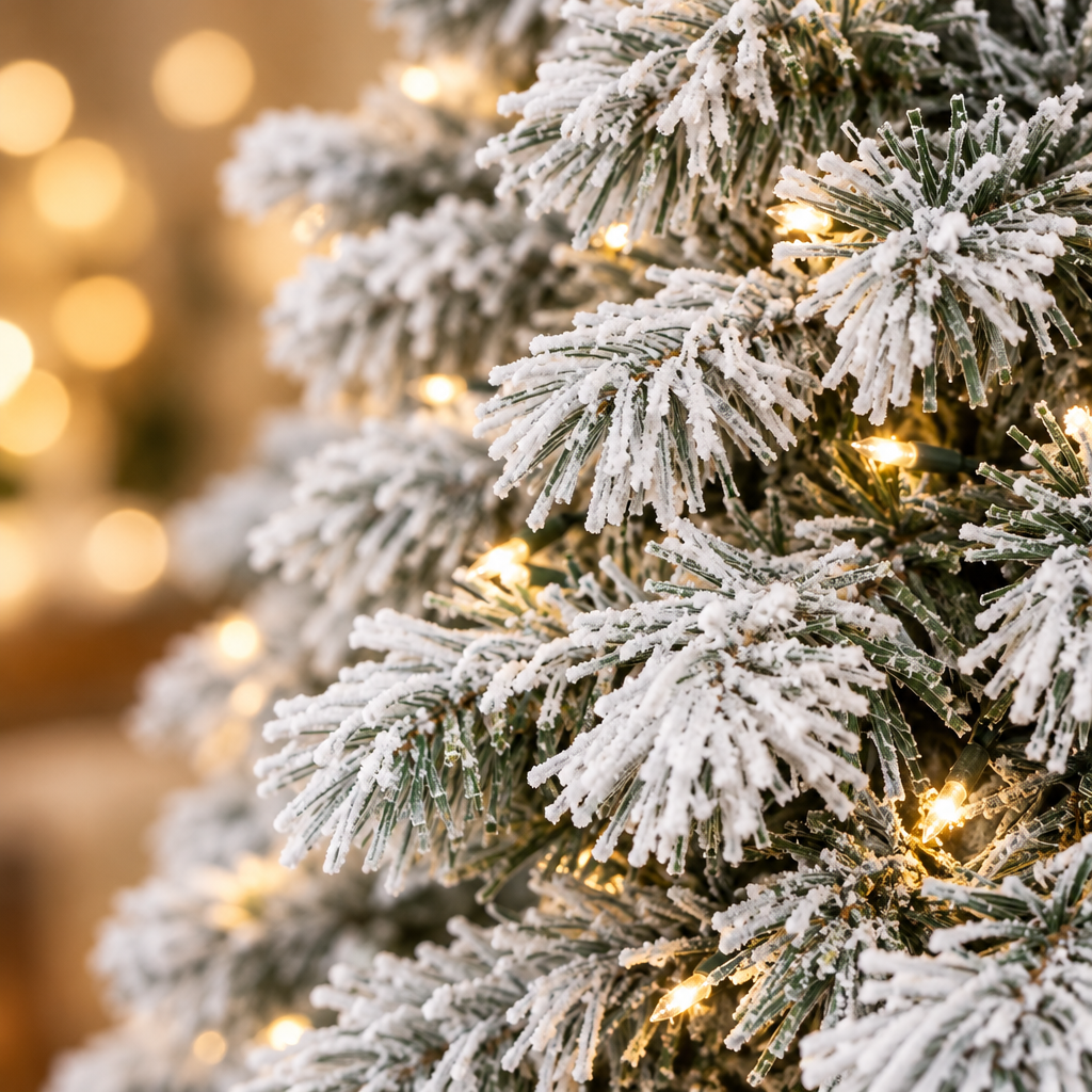 Pre-Lit Snow Flocked Christmas Tree 5ft, 6ft, 7ft, 8ft – branch close-up