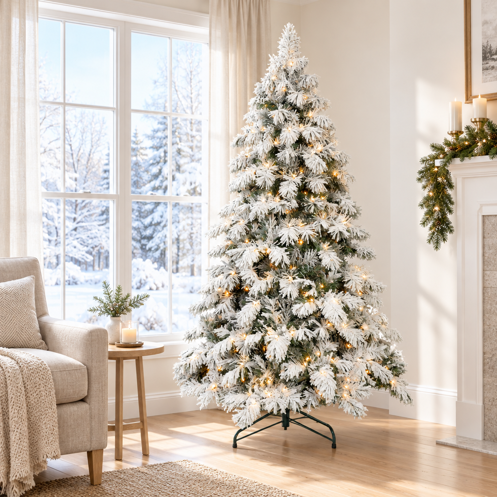Pre-Lit Snow Flocked Christmas Tree 5ft, 6ft, 7ft, 8ft – by a window in daylight