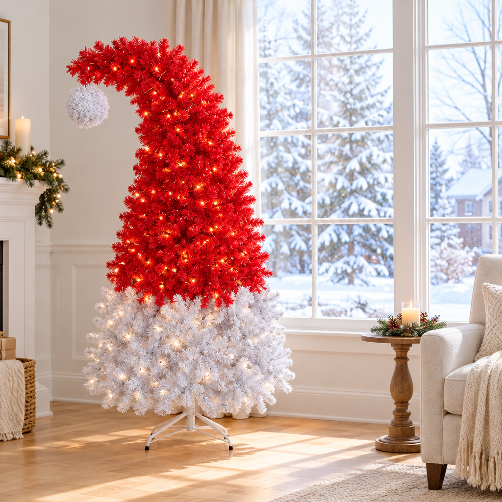 Pre-Lit Santa Hat Christmas Tree 6ft – by a window in daylight