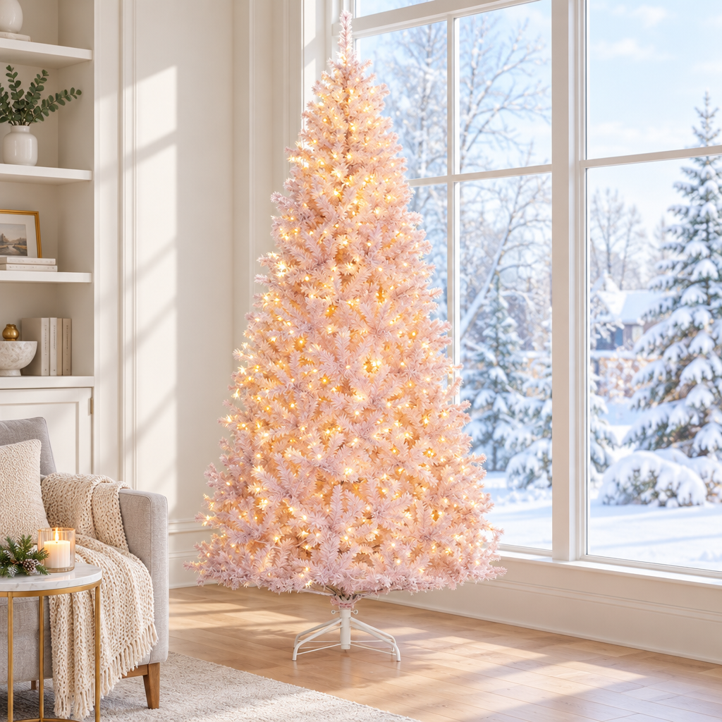 Pre-Lit Pink Christmas Tree 7.5ft – by a window in daylight