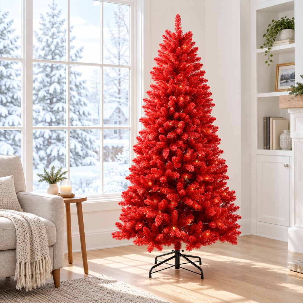 Red Artificial Christmas Tree 5ft – by a window in daylight