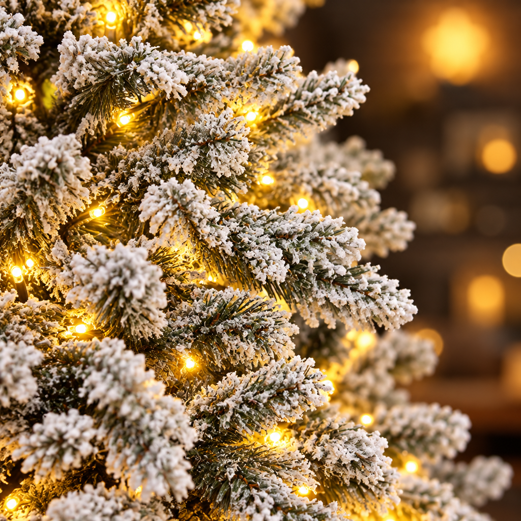Pre-Lit Snow Flocked Pencil Christmas Tree 7ft – branch close-up