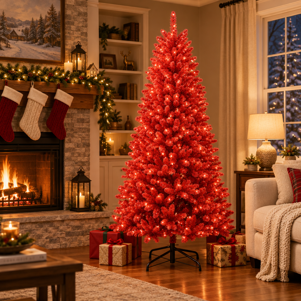 Red Artificial Christmas Tree 5ft – in a cozy living room by the fireplace