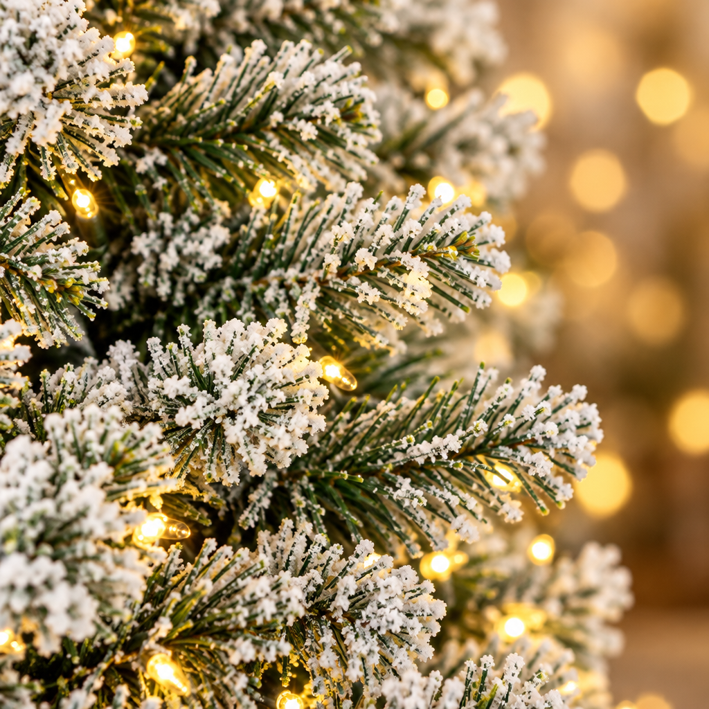 Pre-Lit Snow Flocked Pencil Christmas Tree 9ft – branch close-up
