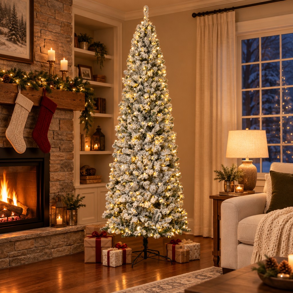 Pre-Lit Snow Flocked Pencil Christmas Tree 9ft – in a cozy living room by the fireplace