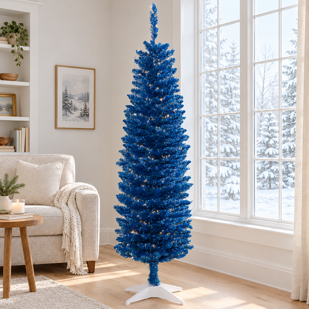 Blue Pencil Christmas Tree 5ft – by a window in daylight