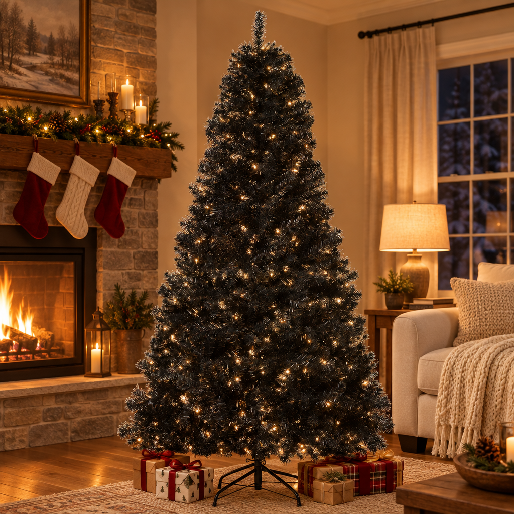 Black Christmas Tree 7ft – in a cozy living room by the fireplace