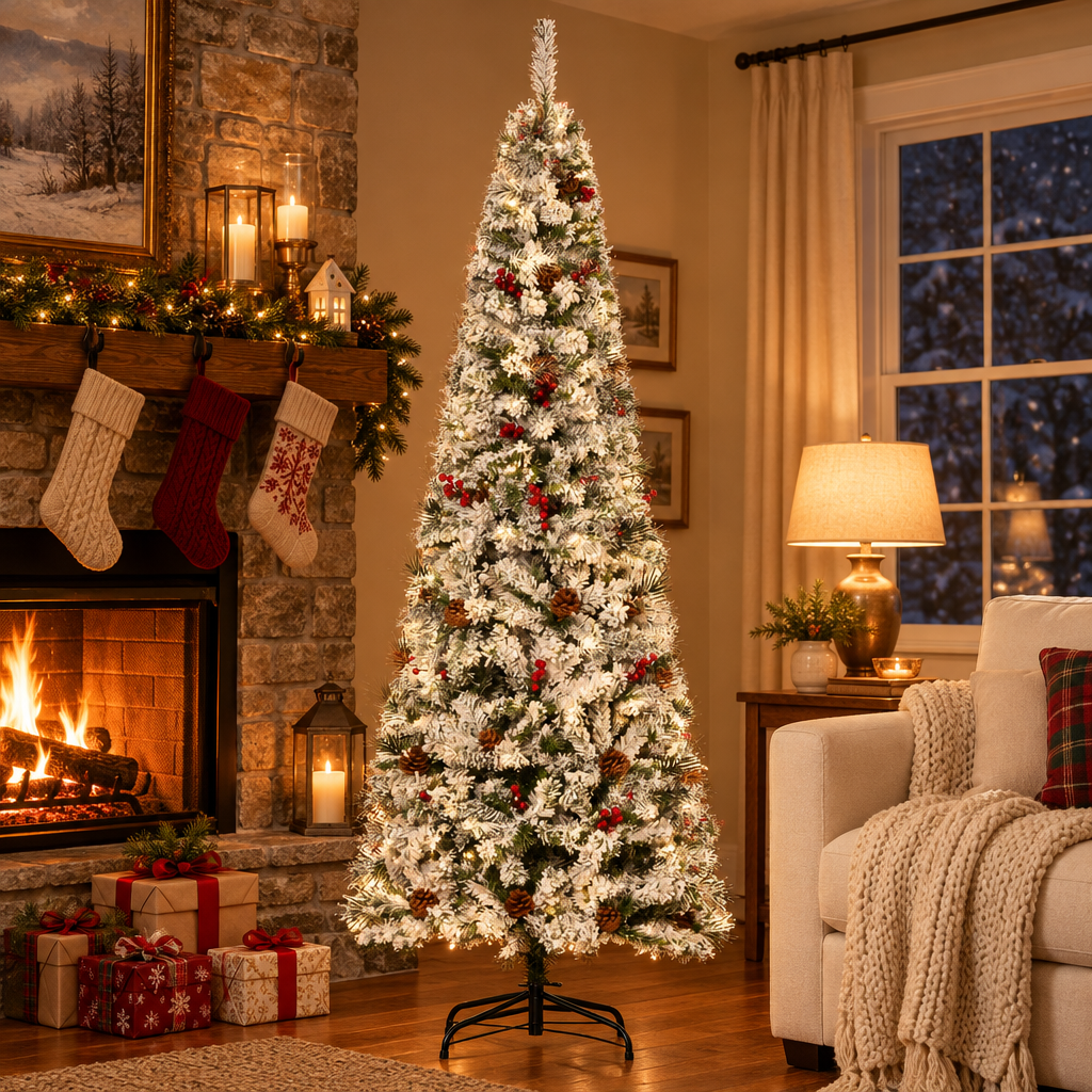 Snow Flocked Pencil Christmas Tree 6ft – in a cozy living room by the fireplace