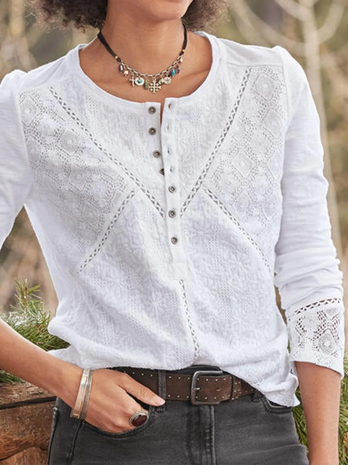 Brielle | Women's Lace Panel Henley Long Sleeve Casual Top