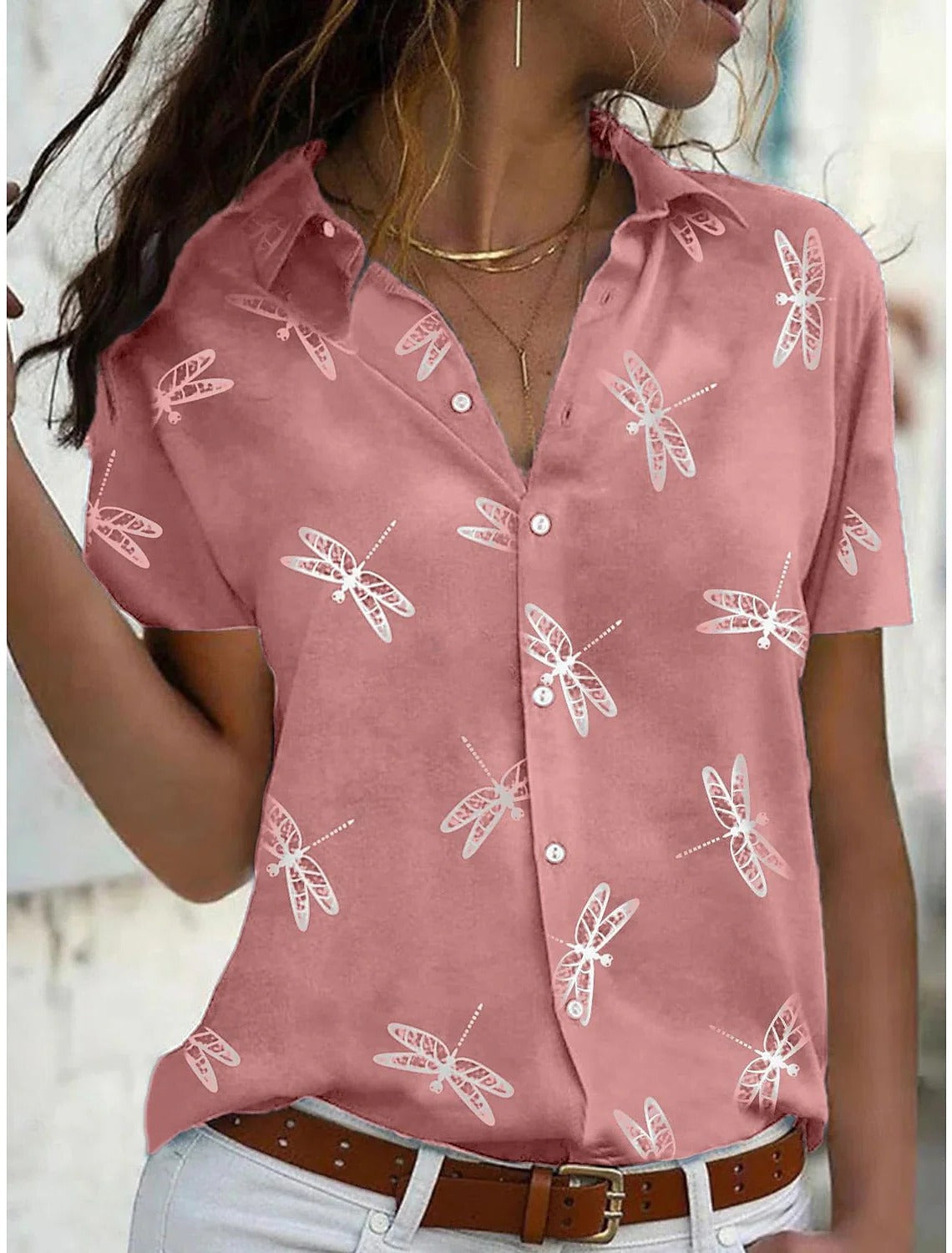 Daisy | Women's Dragonfly Print Short Sleeve Button-Down Shirt Top