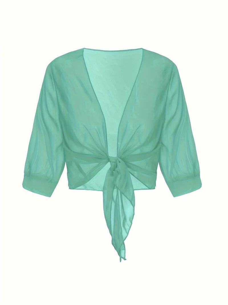 Brisa | Women's Tie Front Sheer Blouse Open Front 3/4 Sleeve Top