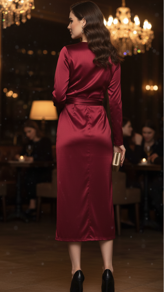 Women's Burgundy Wrap Dress V-Neck Long Sleeve Belted Satin Midi Cocktail
