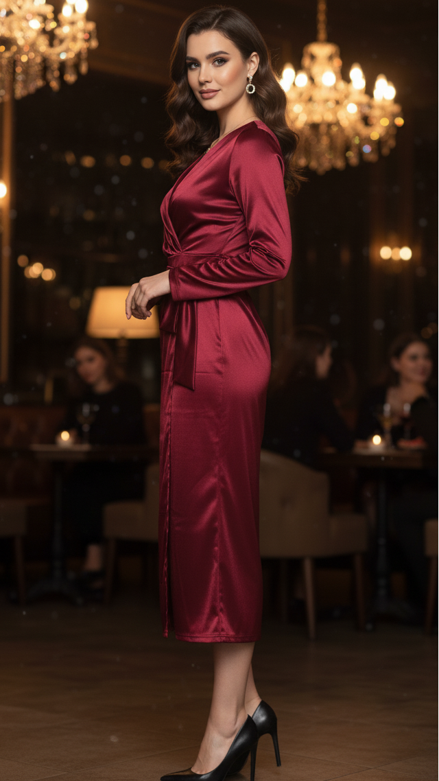 Women's Burgundy Wrap Dress V-Neck Long Sleeve Belted Satin Midi Cocktail