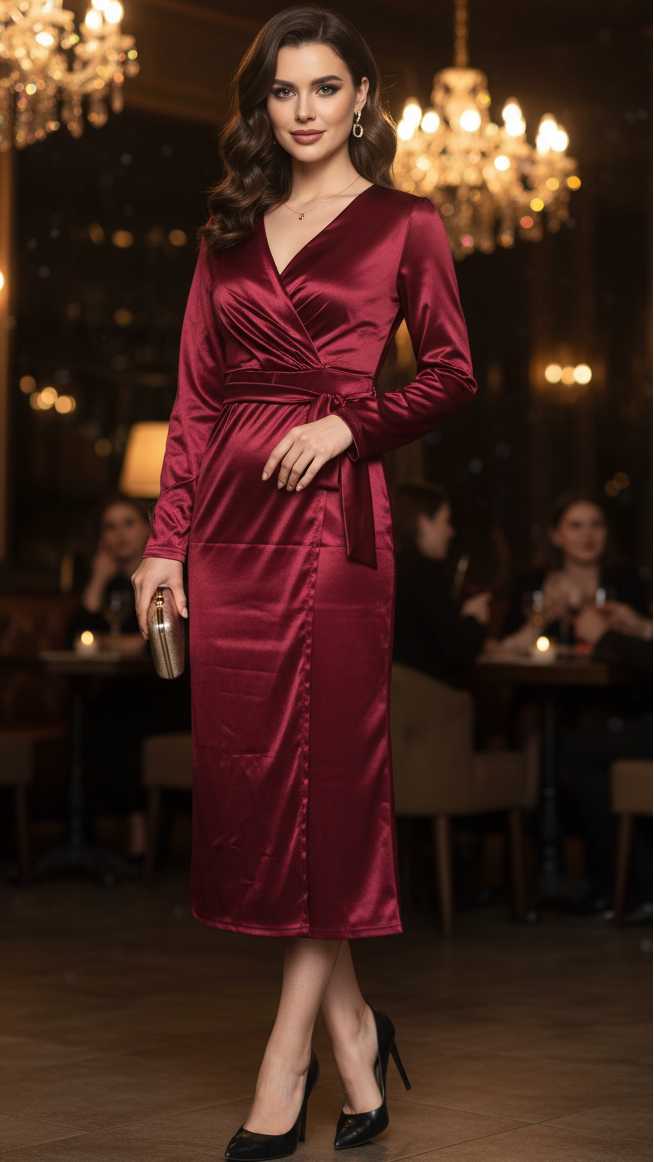 Women's Burgundy Wrap Dress V-Neck Long Sleeve Belted Satin Midi Cocktail