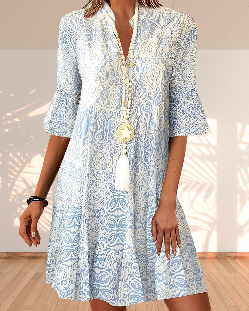 Women's Floral Print V-Neck 3/4 Sleeve Dress Casual
