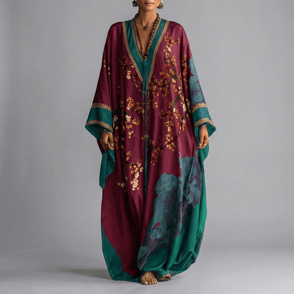 Women's Maxi Dress Japanese Plum Blossom Print Batwing Sleeve