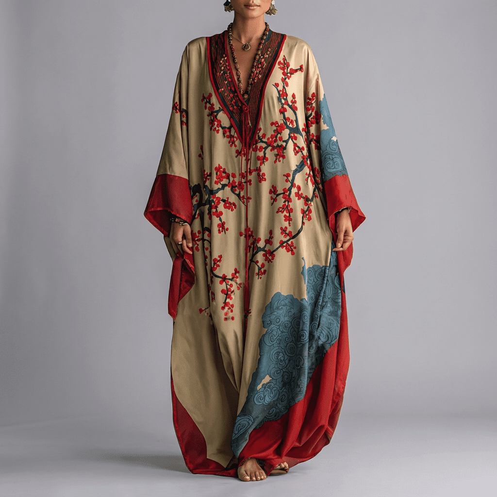 Women's Maxi Dress Japanese Plum Blossom Print Batwing Sleeve