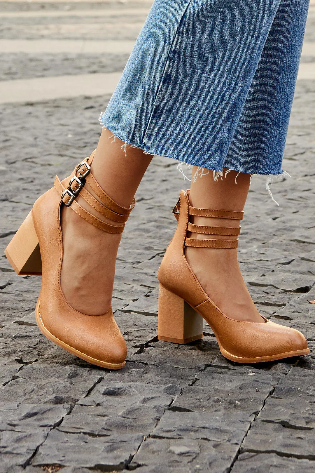 Refined Ankle Strap Block Heel Boots