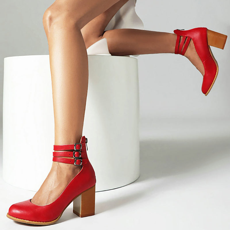 Refined Ankle Strap Block Heel Boots