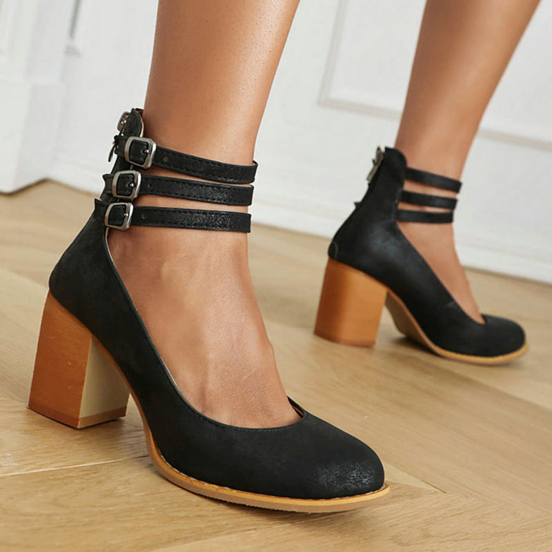 Refined Ankle Strap Block Heel Boots