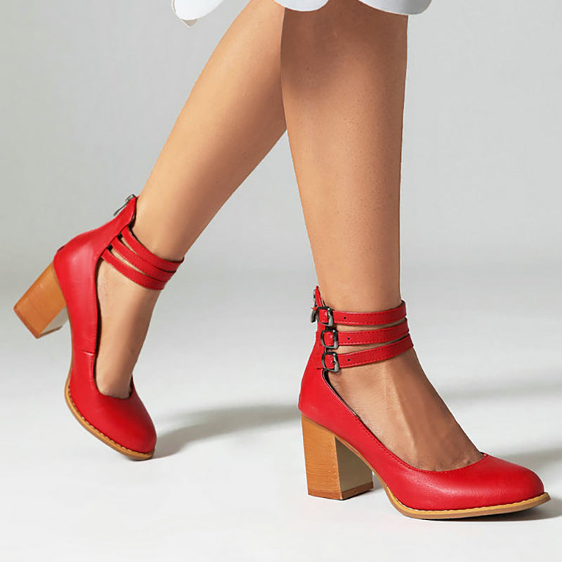 Refined Ankle Strap Block Heel Boots
