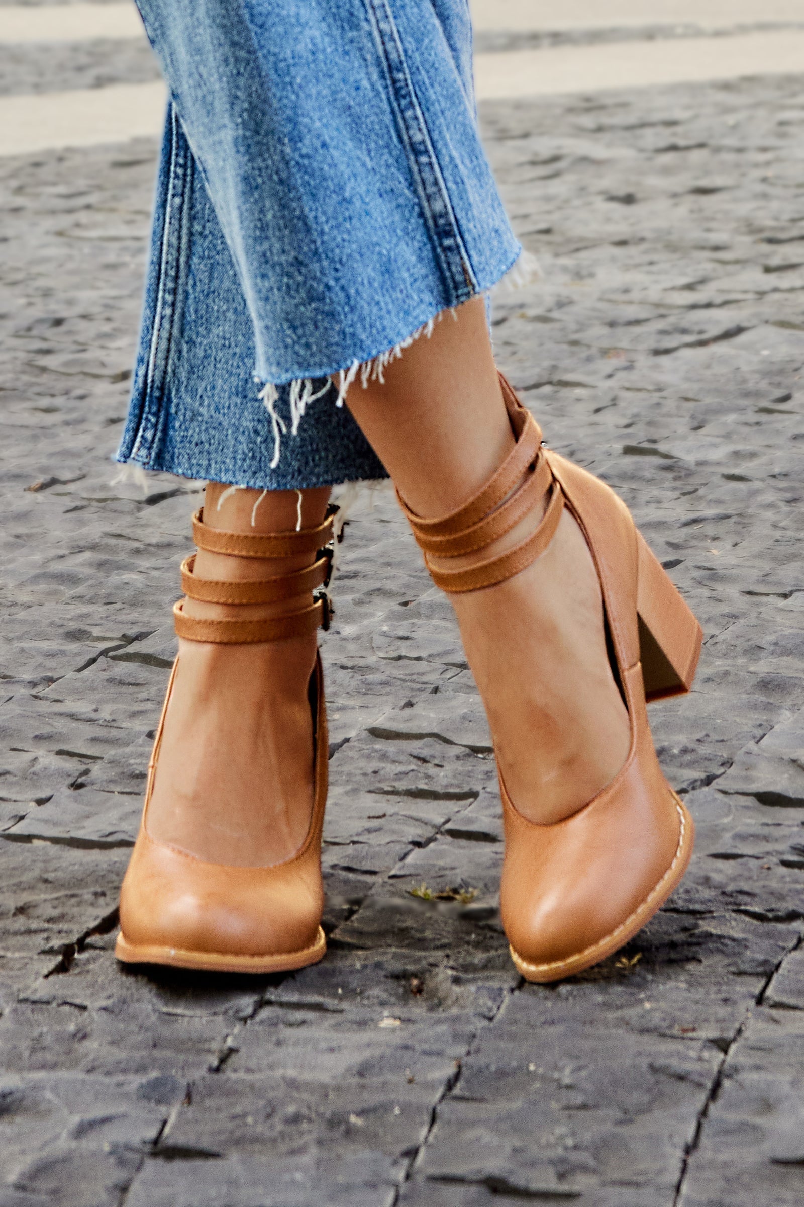 Refined Ankle Strap Block Heel Boots